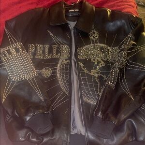 Pelle Pelle Black Leather Bomber Jacket with Gold Detailing